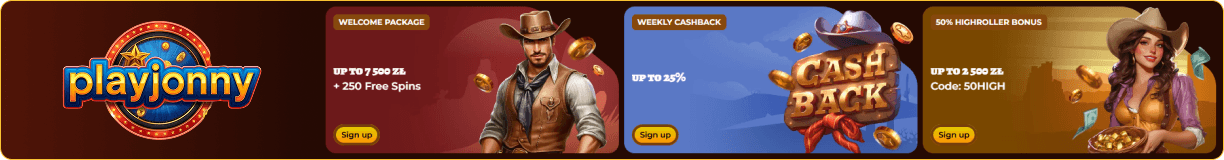 PlayJonny Casino welcome package — Up to CA$2,300 + 250 Free Spins